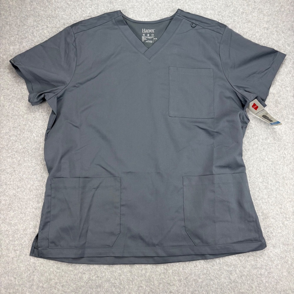 Hanes Scrub Top Mens XL Grey Comfort Fit V-Neck Stretch Medical Nursing Uniform
